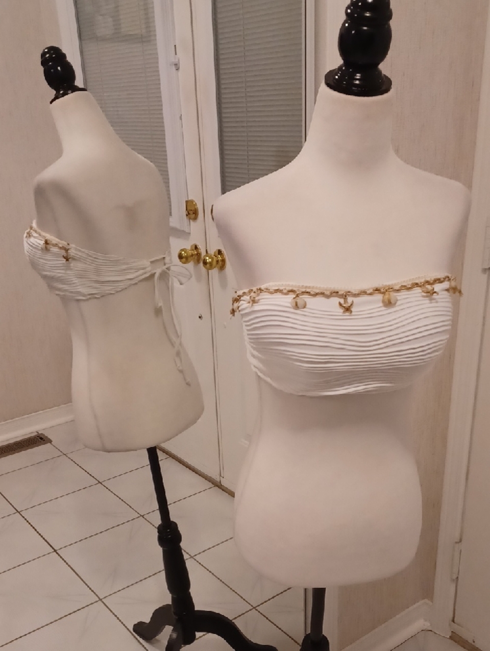 4/$60 New White Bandeau Swim Top with Tan Shell Charms Trim - Size Medium